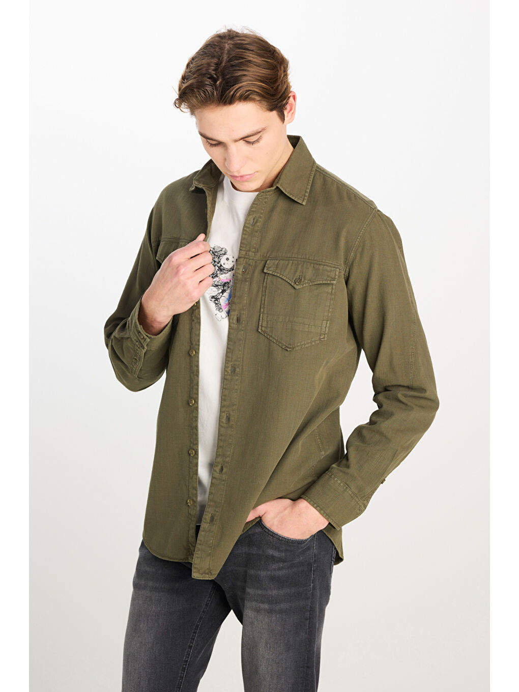 Haki Regular Fit Normal Kesim %100 Pamuk Gömlek Ceket-1