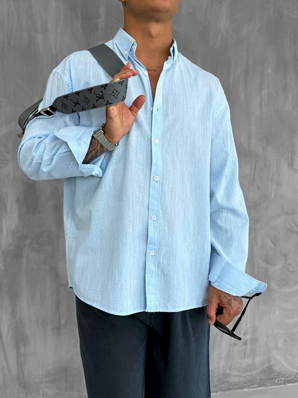 Erkek Relax Fit Rahat Kesim İnce %100 Pamuk Gömlek Açık Mavi-3