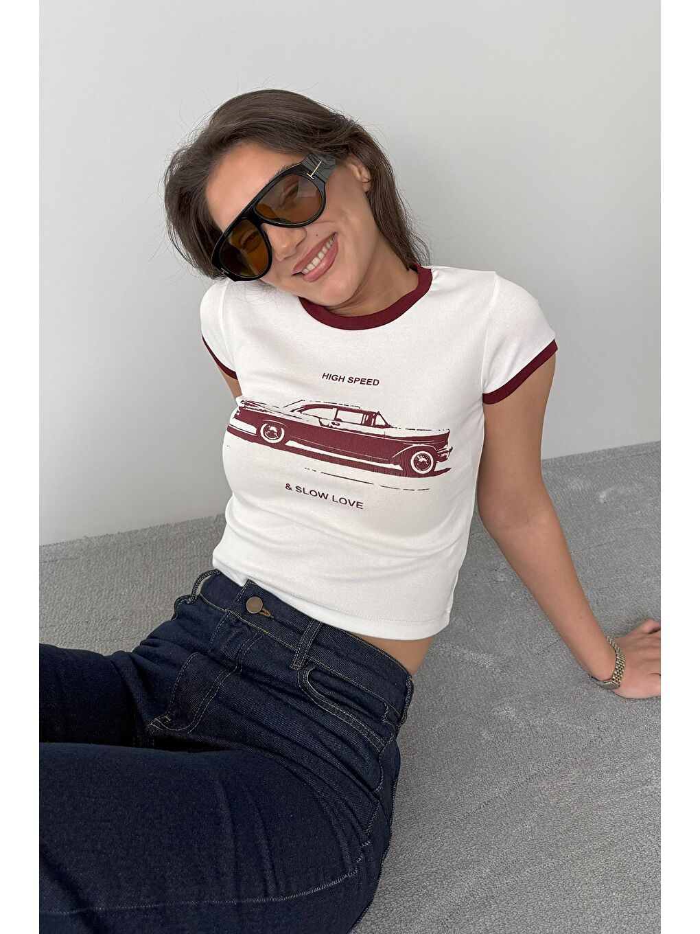 Beyaz Baskılı Fitilli Kadın Tişört Mg2449-3