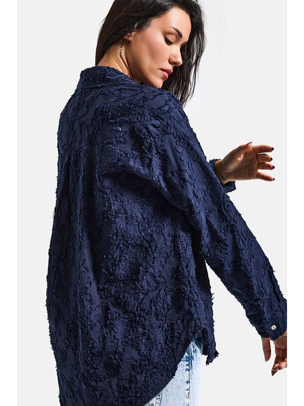 Kadın Lacivert s6-56 Özel Kumaş Bol Kesim Elastan Gömlek-1