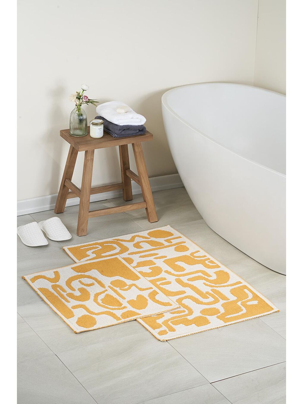 Sarı Mystic Doğal Pamuklu 2'li Banyo Paspas Seti 60x100+50x60 Cm - Ekru/Hardal