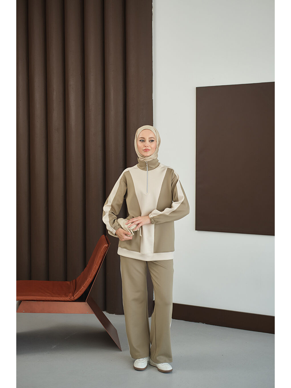 Kadın Çift Renk Fermuar Detay Takım Yeşil-3