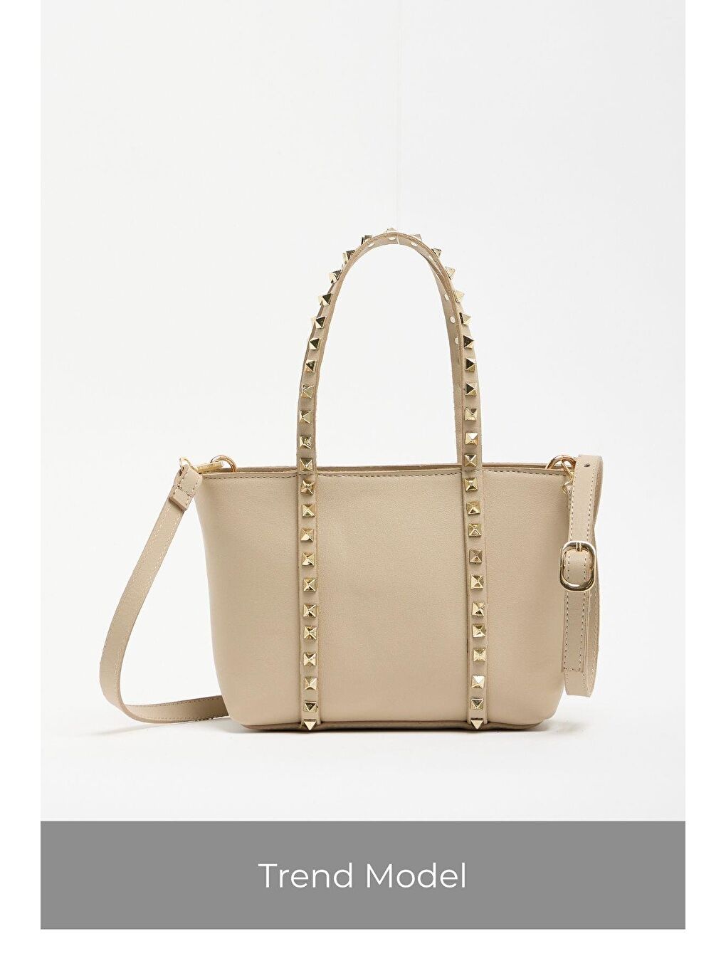 Bej Vizon Kadın Küçük Boy Zımba Detaylı Pu Deri Tokalı El Ve Omuz Çantası-1