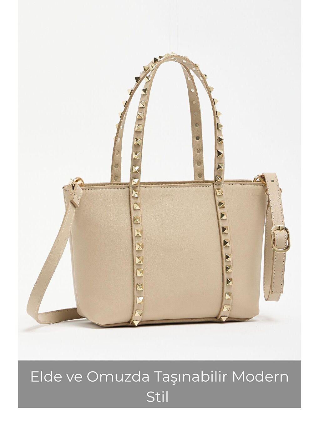Bej Vizon Kadın Küçük Boy Zımba Detaylı Pu Deri Tokalı El Ve Omuz Çantası-2