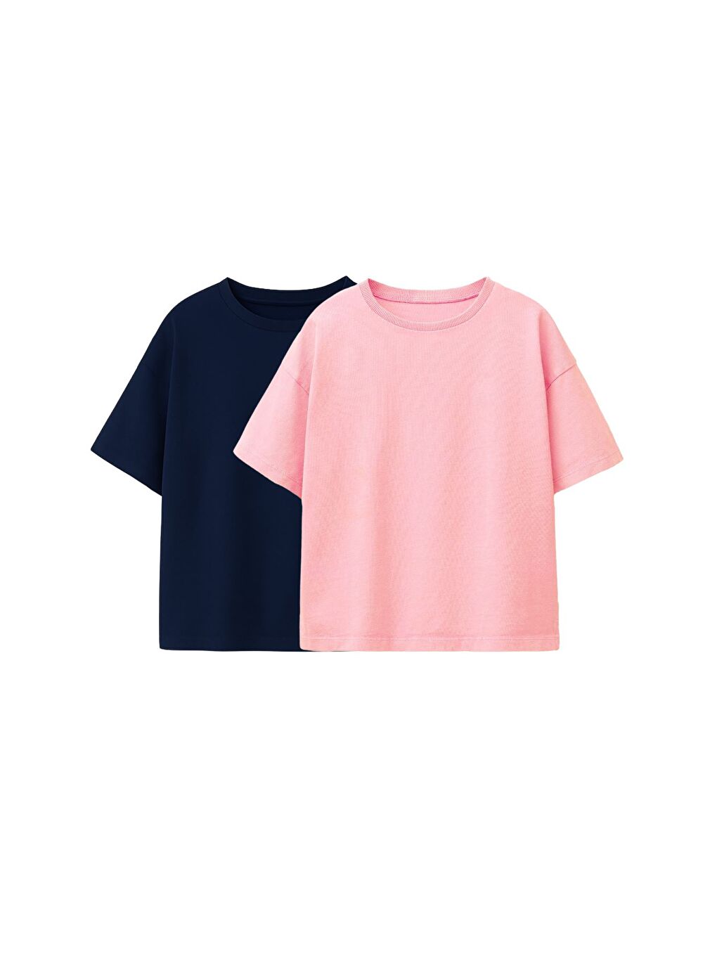 Basic 2'Li Kız Çocuk Bisiklet Yaka T-Shirt ( Lacivert - Pembe )
