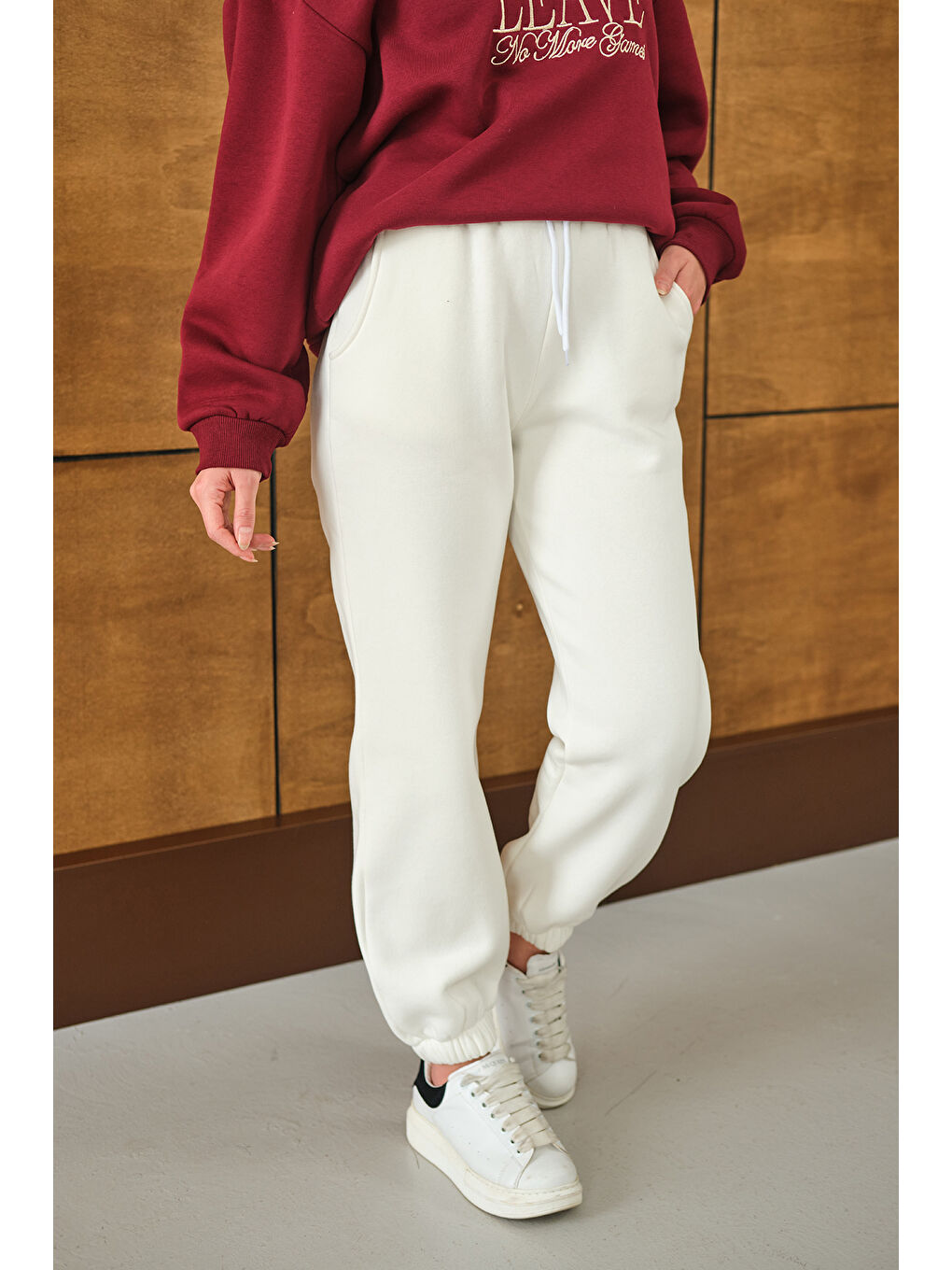 Kadın Beli Lastikli Eşofman Beyaz-3