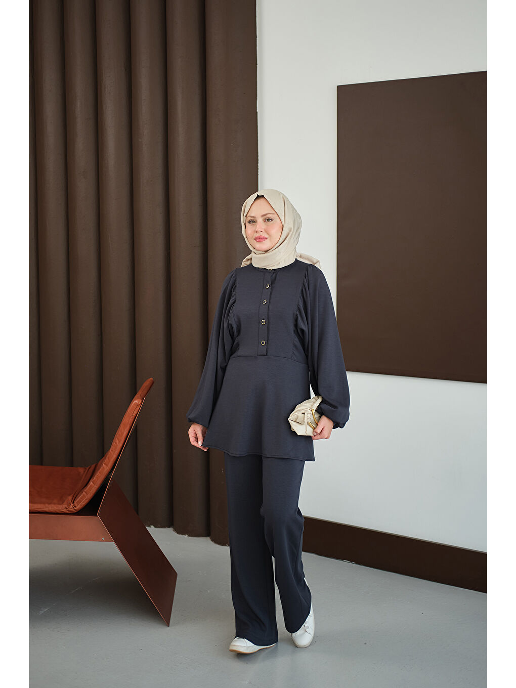 Kadın Çıtçıt Büzgü Detay İkili Takım Antrasit-1