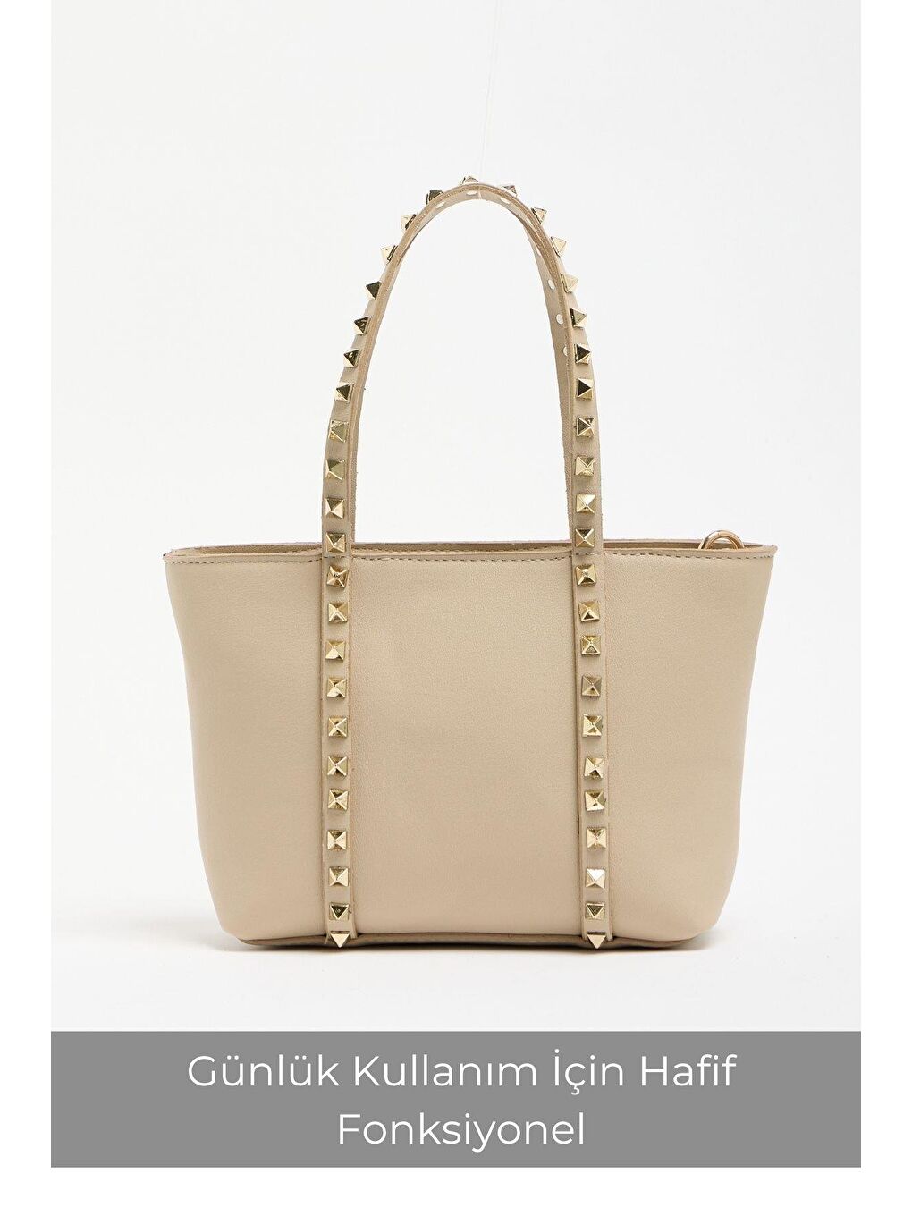 Bej Vizon Kadın Küçük Boy Zımba Detaylı Pu Deri Tokalı El Ve Omuz Çantası-3