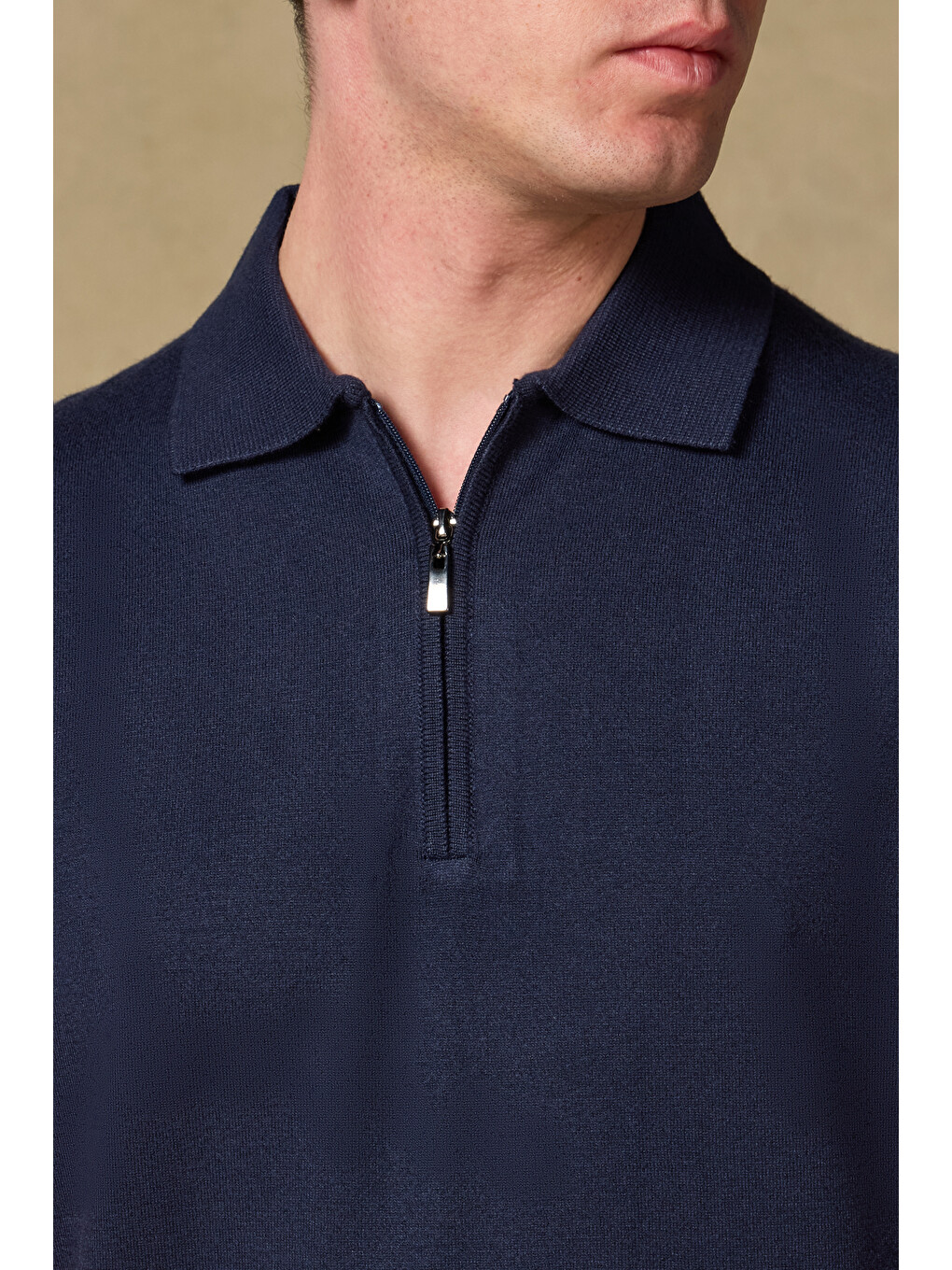 Mono Triko Örme Kaşmir Karışımlı Modern Fit Lacivert Polo Yaka Erkek Düz Polo Shirt-2