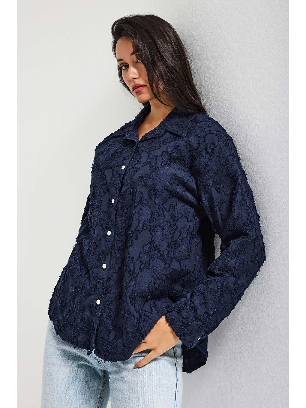 Kadın Lacivert s6-56 Özel Kumaş Bol Kesim Elastan Gömlek-5