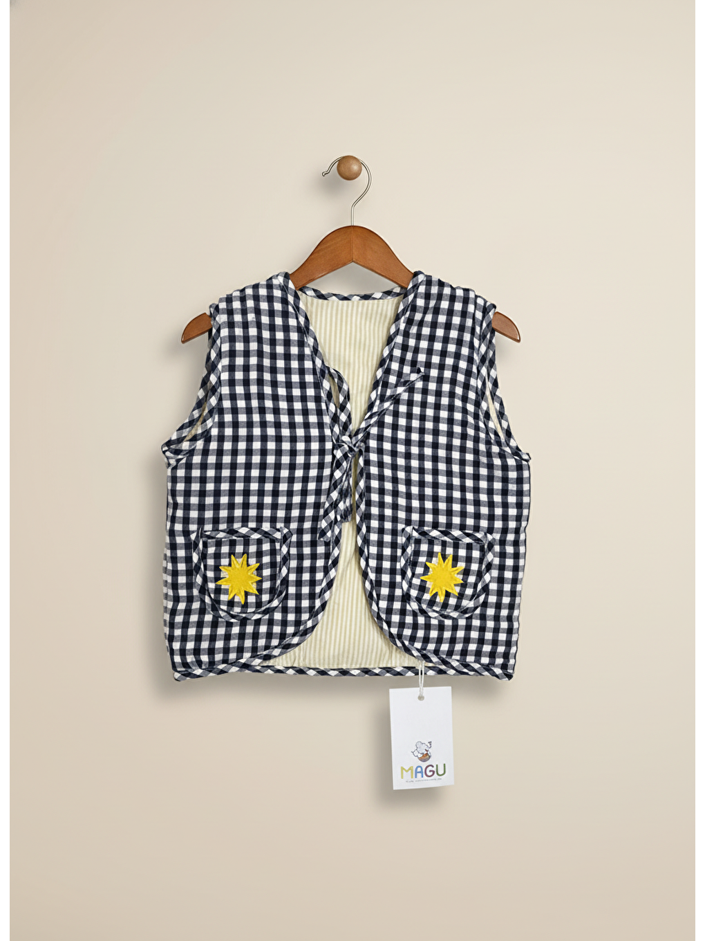 Karışık Unisex Çocuk Pamuklu Lacivert Ekose Kuş Aplikeli Yelek – Yumuşak Dolgulu