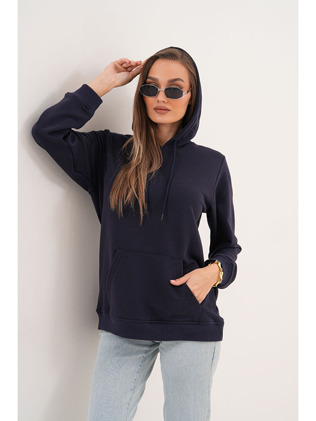 Lacivert Unisex %100 Pamuk Basic Premium Kapüşonlu Sweatshirt-1