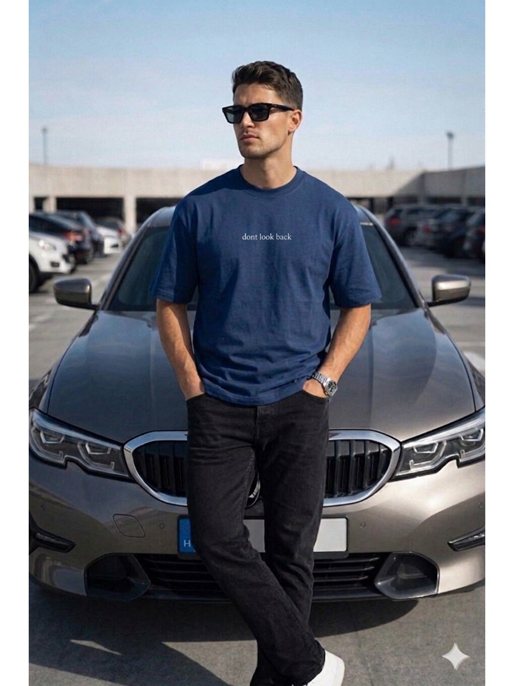 Lacivert Erkek Oversize Tişört – Minimal “Don’t Look Back” Detaylı Basic-1