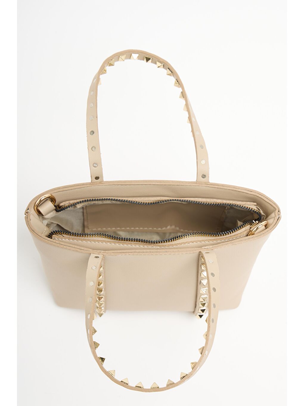 Bej Vizon Kadın Küçük Boy Zımba Detaylı Pu Deri Tokalı El Ve Omuz Çantası-4