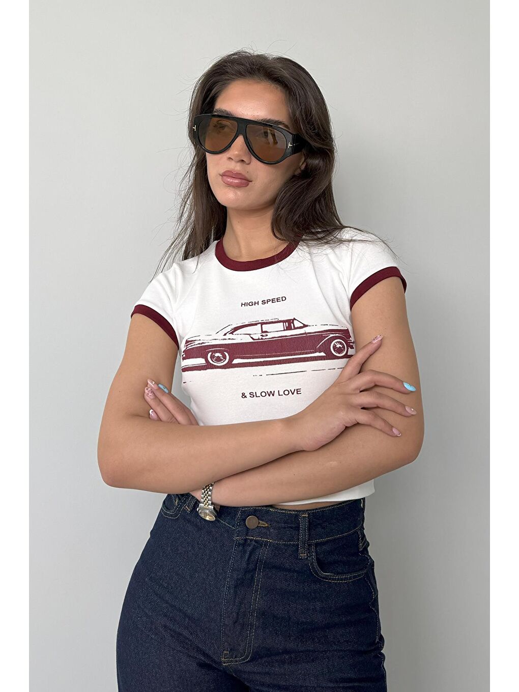 Beyaz Baskılı Fitilli Kadın Tişört Mg2449-7