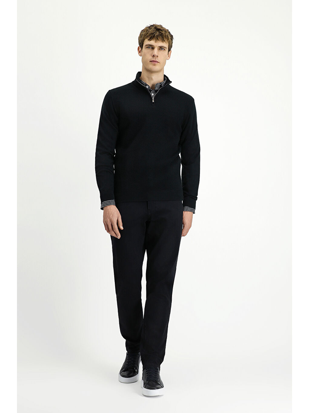 Siyah Yarım Balıkçı Yaka Regular Fit Desenli Fermuarlı Yünlü Triko Kazak-1