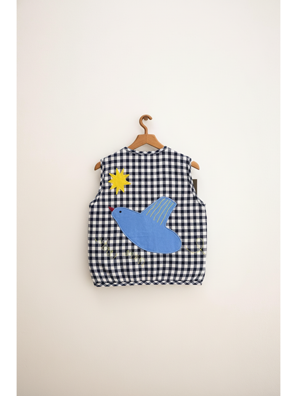 Karışık Unisex Çocuk Pamuklu Lacivert Ekose Kuş Aplikeli Yelek – Yumuşak Dolgulu-1