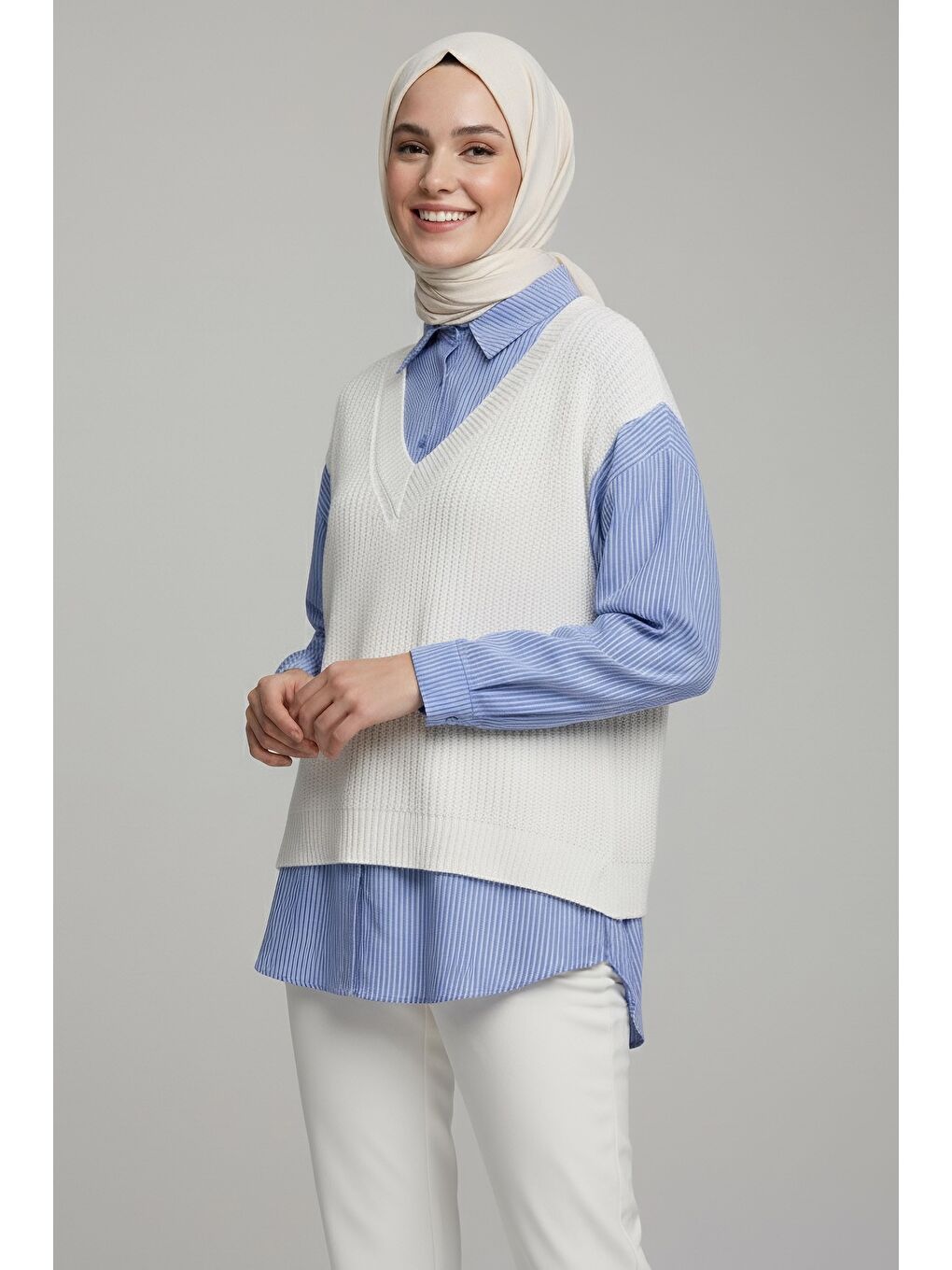 Triko Kol Detaylı Gömlek Ekru - 28007-EKRU