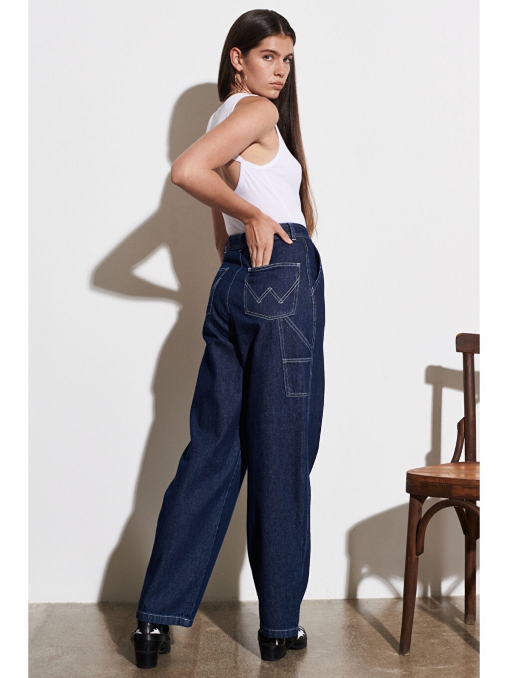 Lacivert Carpenter Fit %100 Pamuk Çok Yüksek Bel Geniş Paça Jean Jean Pantolon-5