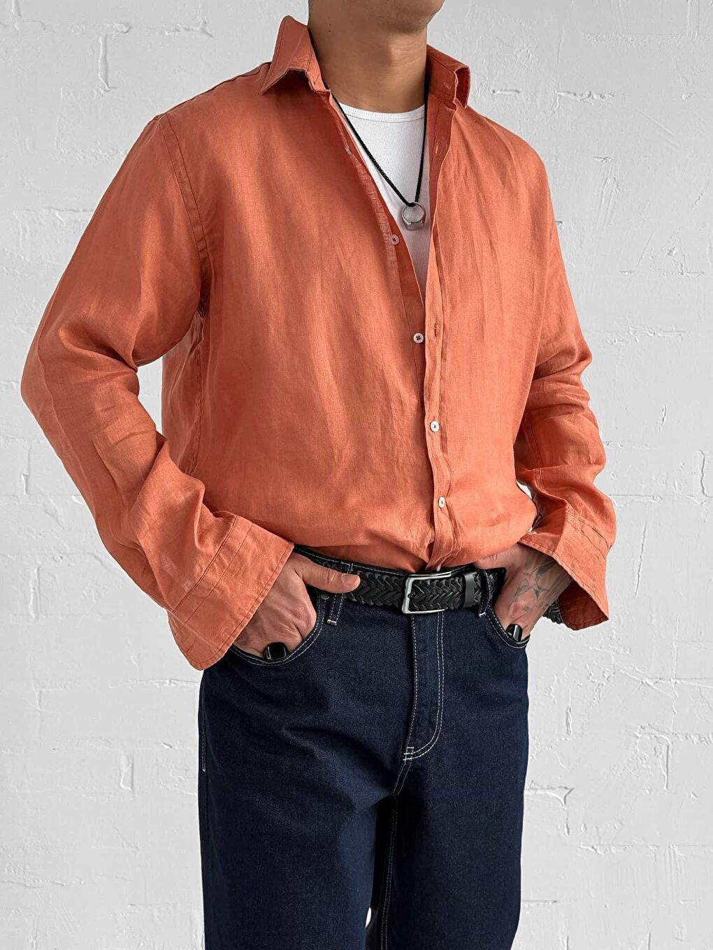 Erkek Uzun Kollu Regular Fit %100 Keten Gömlek Turuncu-1