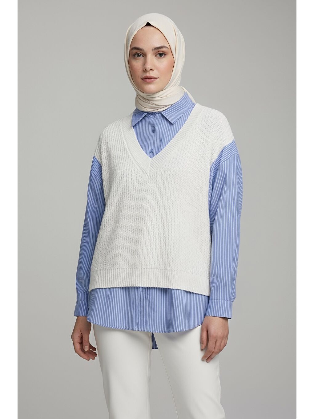 Triko Kol Detaylı Gömlek Ekru - 28007-EKRU-1