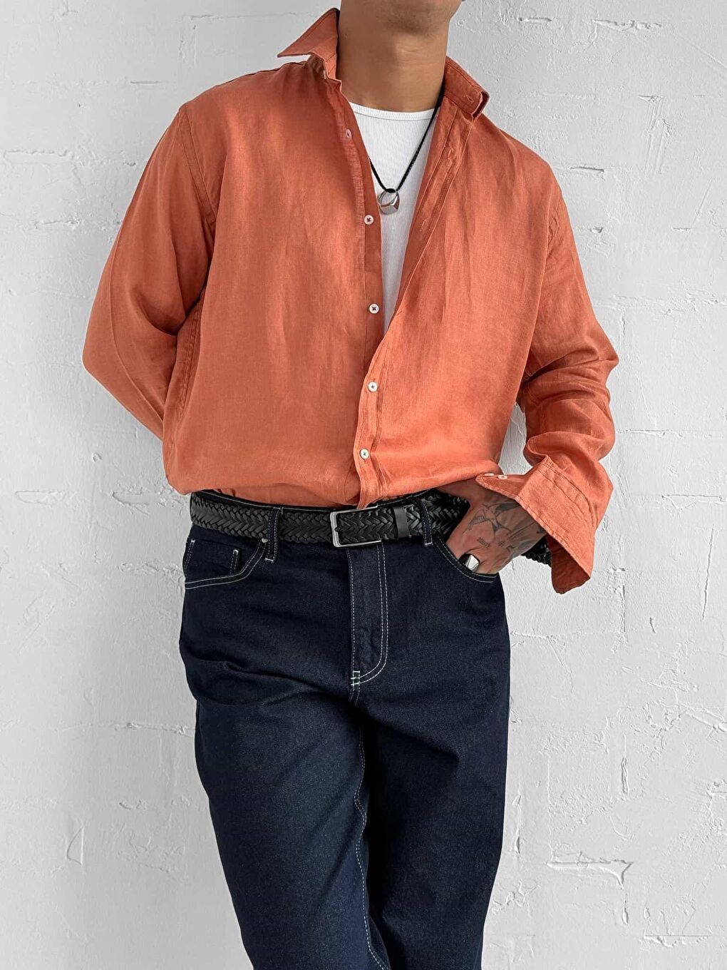 Erkek Uzun Kollu Regular Fit %100 Keten Gömlek Turuncu-2