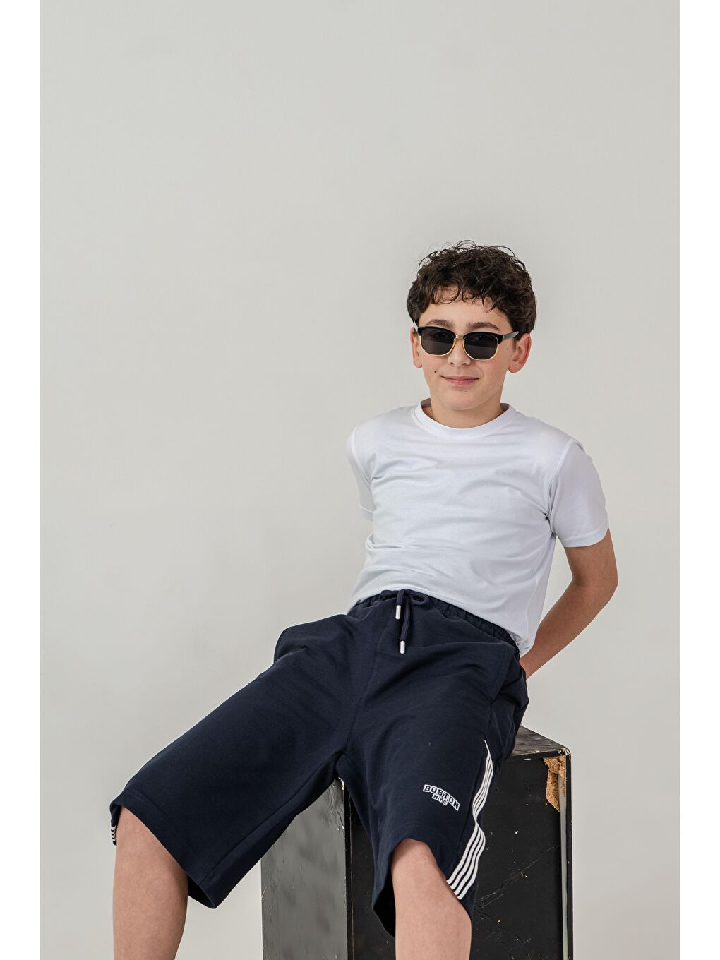 Lacivert Boston Nyc Baskılı Yanları Şeritli Erkek Çocuk Şort-4