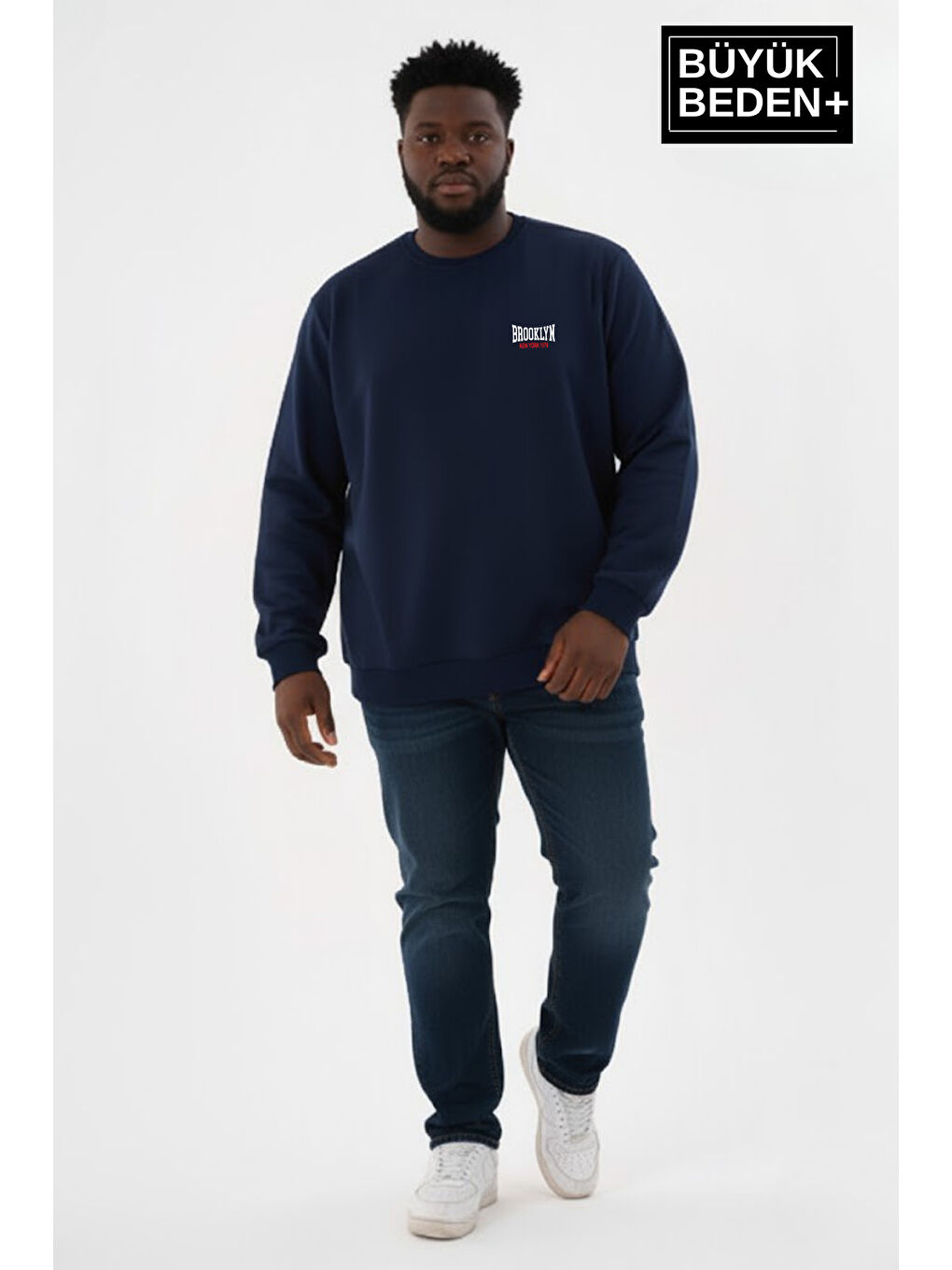 Lacivert Erkek Büyük Beden BROOKLYN 1970 Baskılı Bisilet Yaka İnce Sweatshirt SPR26BSW956-3