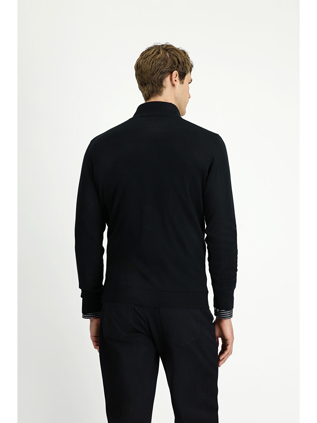 Siyah Yarım Balıkçı Yaka Regular Fit Desenli Fermuarlı Yünlü Triko Kazak-4