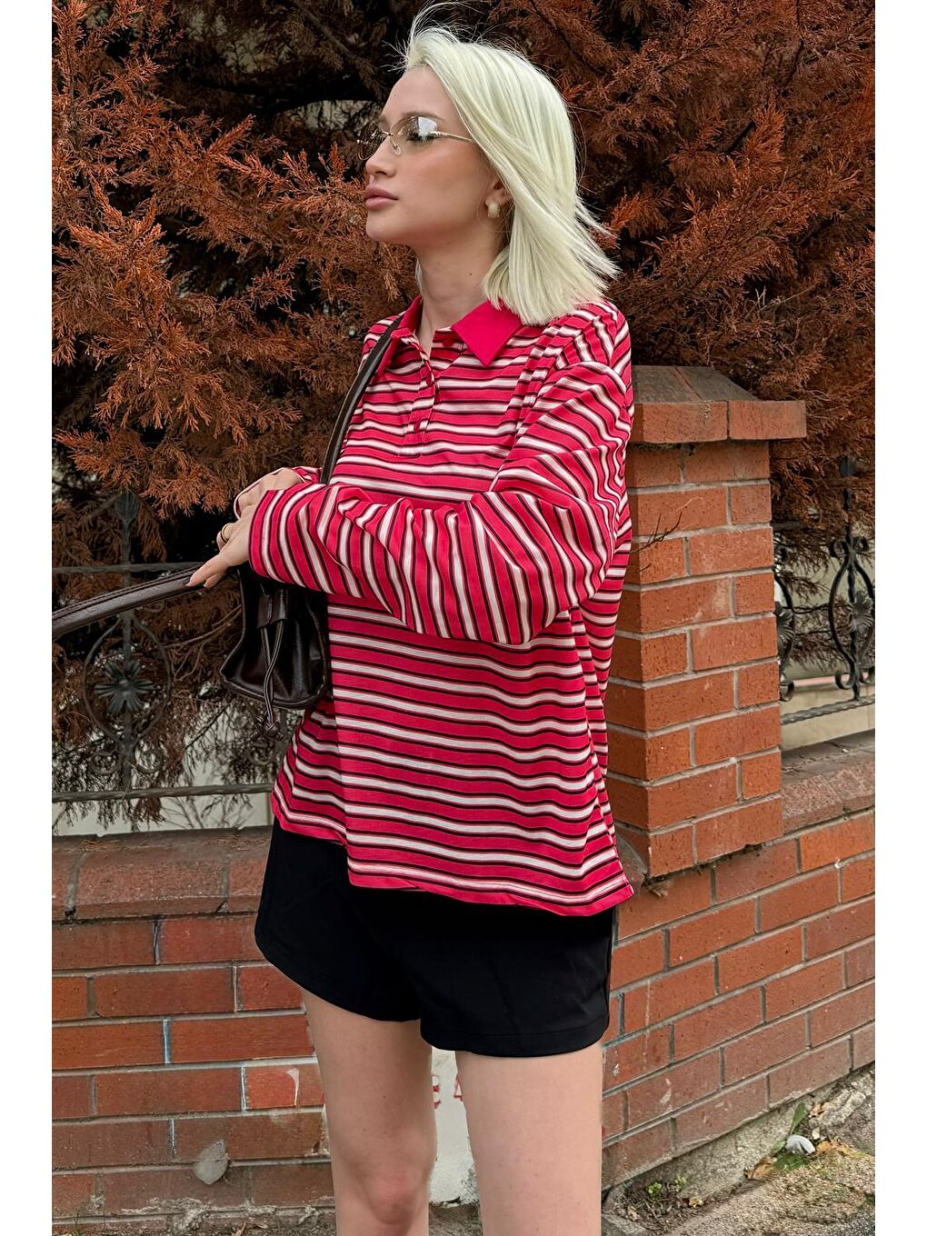 Kırmızı Çizgili Düğmeli  Polo Yaka Kadın Uzun Kollu Tişört  Mg2574-3