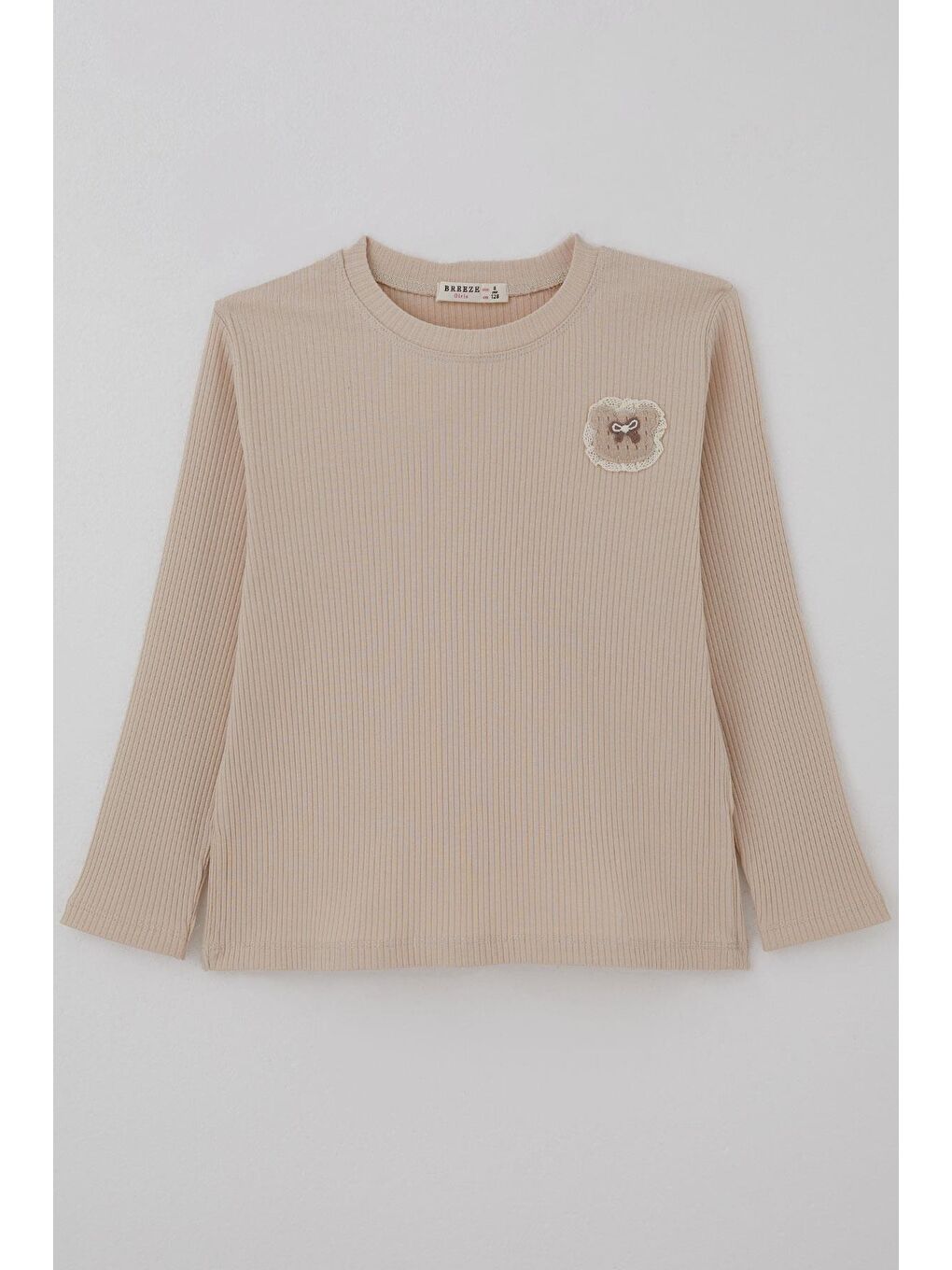 Kız Çocuk Uzun Kollu Tişört Arma Detaylı Düz Renk Bej (5-10 Yaş)
