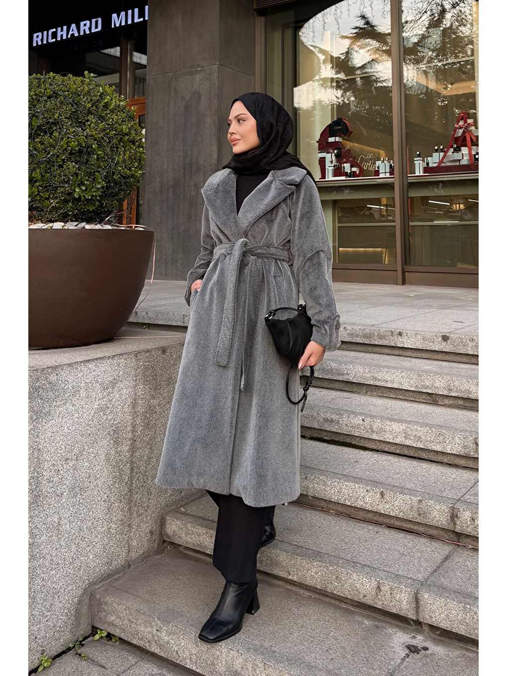 Kadın Apoletli Uzun Kaban Gri-2