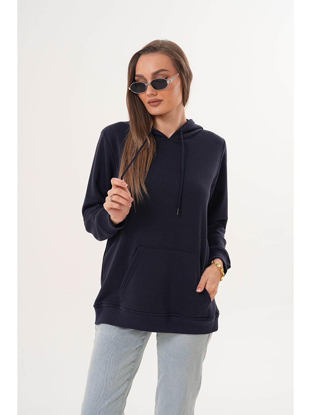 Lacivert Unisex %100 Pamuk Basic Premium Kapüşonlu Sweatshirt-3