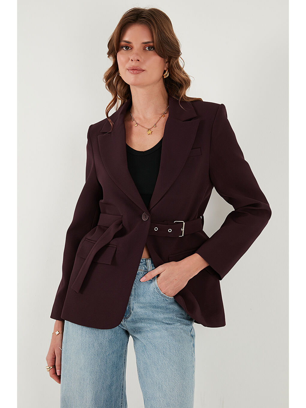 Mürdüm Regular Fit Kruvaze Yaka Kemerli Blazer Ceket 6839367