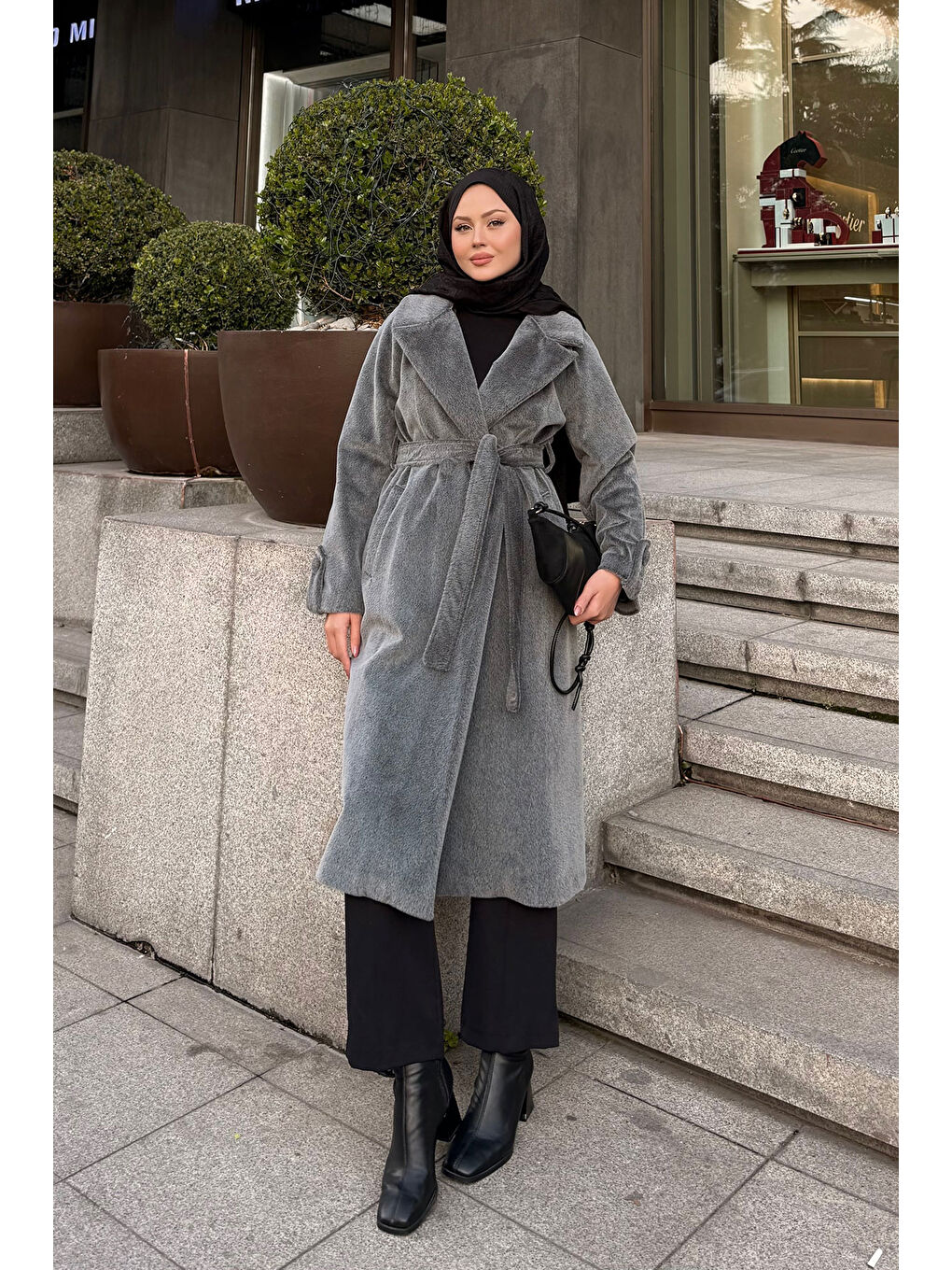 Kadın Apoletli Uzun Kaban Gri-3