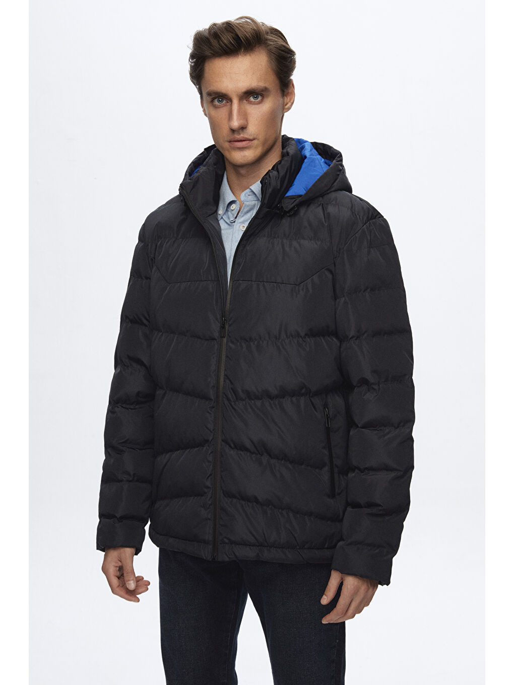 Regular Fit Lacivert Şişme Kapüşonlu Mont