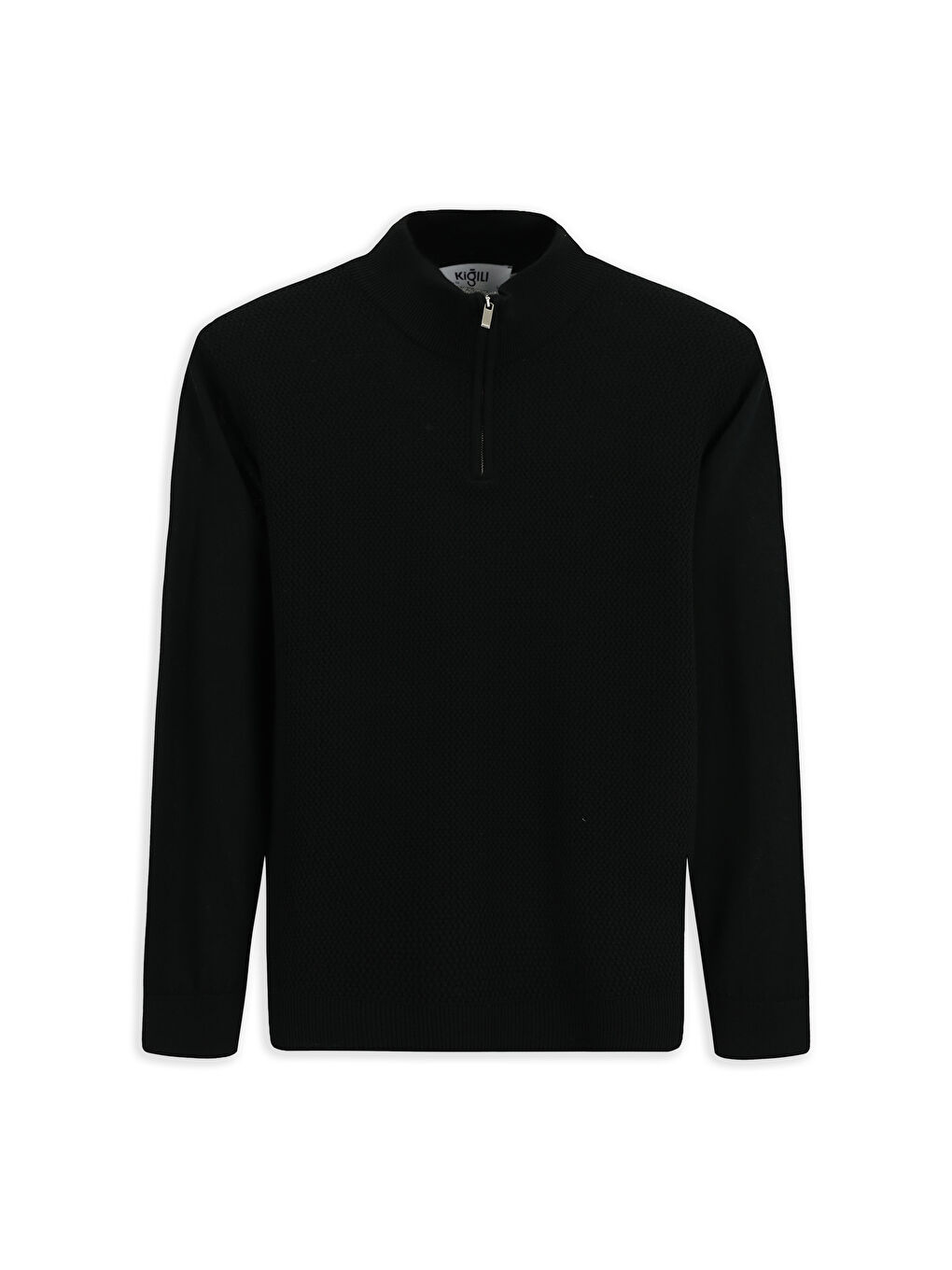 Siyah Yarım Balıkçı Yaka Regular Fit Desenli Fermuarlı Yünlü Triko Kazak-6