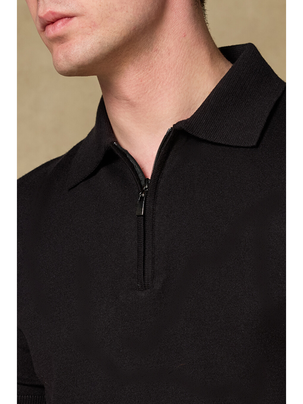 Mono Triko Örme Kaşmir Karışımlı Modern Fit Siyah Polo Yaka Erkek Düz Polo Shirt-2