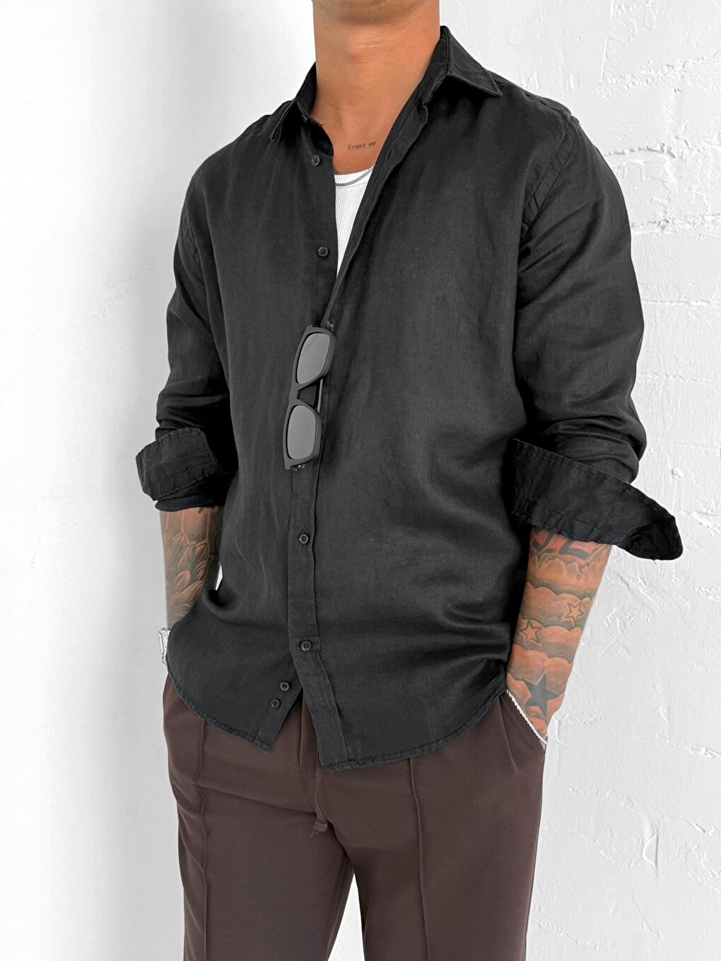 Erkek Uzun Kollu Regular Fit %100 Keten Gömlek Siyah-1
