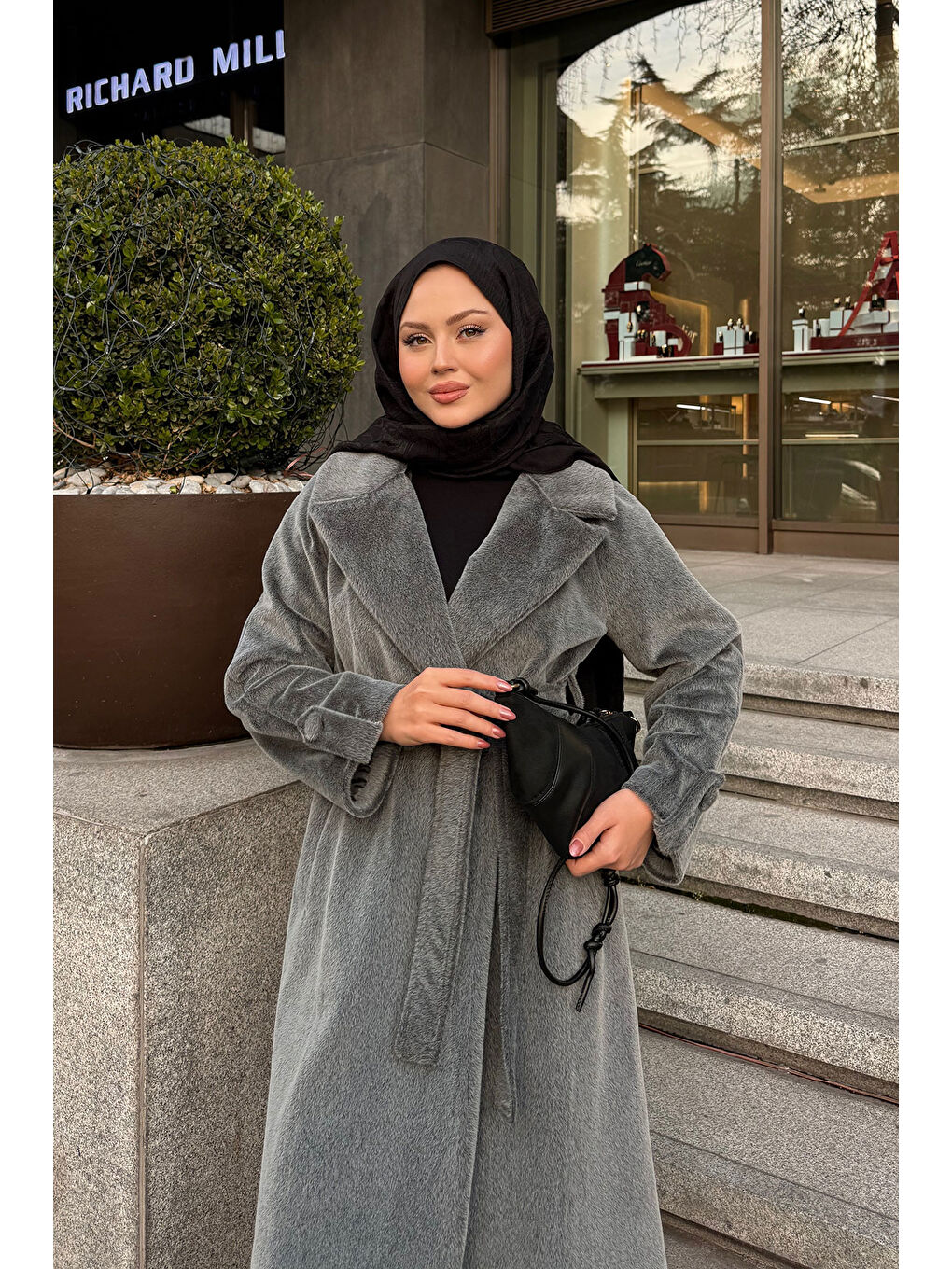 Kadın Apoletli Uzun Kaban Gri-4