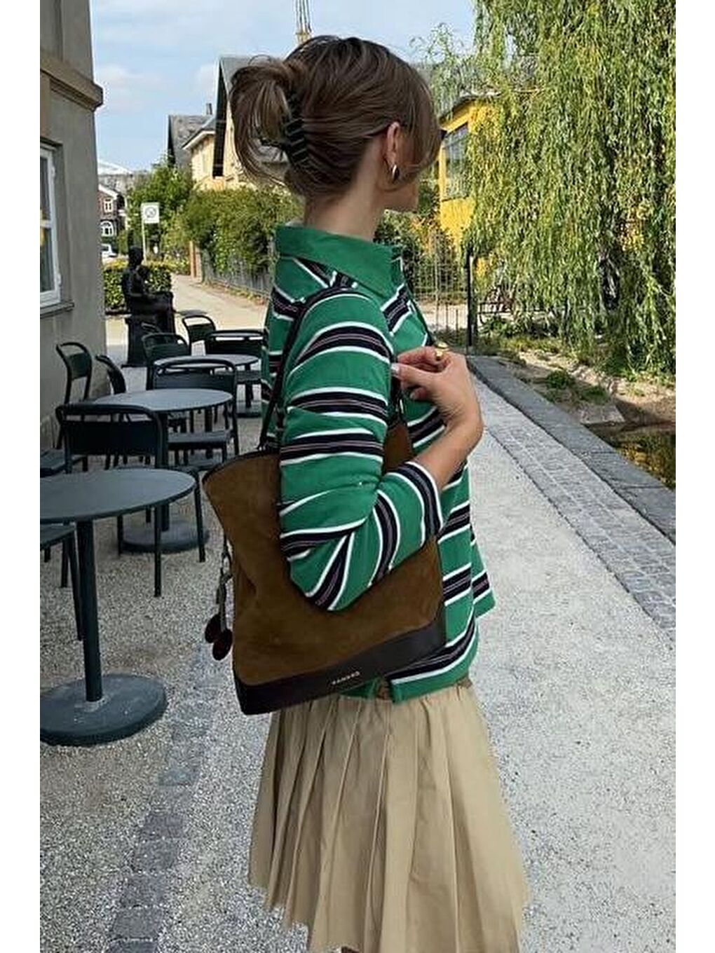 Yeşil Çizgili Düğmeli  Polo Yaka Kadın Uzun Kollu Tişört  Mg2574-2