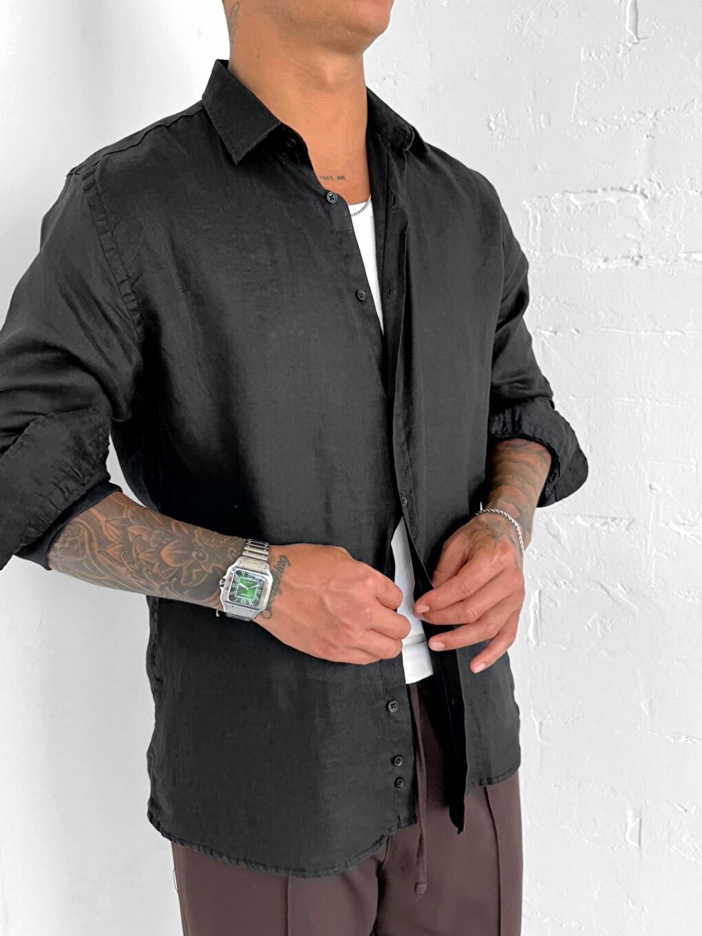 Erkek Uzun Kollu Regular Fit %100 Keten Gömlek Siyah-2