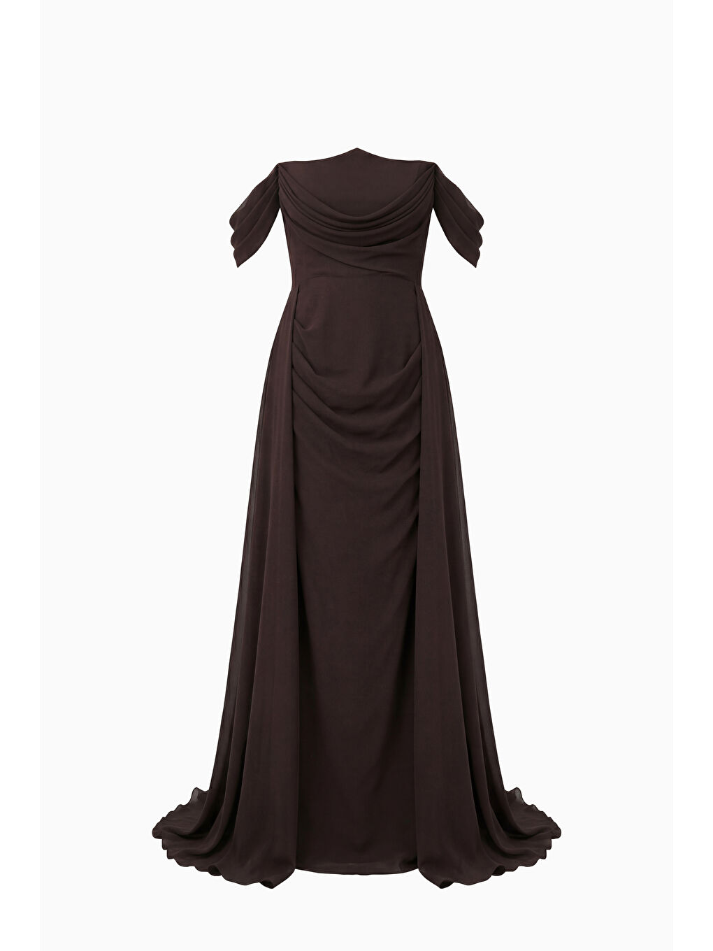 Kadın Kahverengi Kayık Yaka Kuyruklu Uzun Şifon Abiye Elbise-6