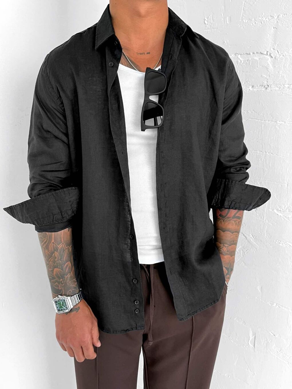 Erkek Uzun Kollu Regular Fit %100 Keten Gömlek Siyah-3