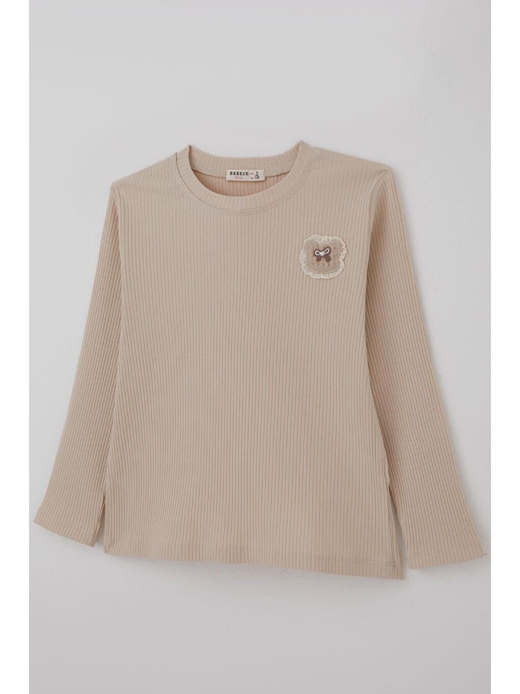 Kız Çocuk Uzun Kollu Tişört Arma Detaylı Düz Renk Bej (5-10 Yaş)-2