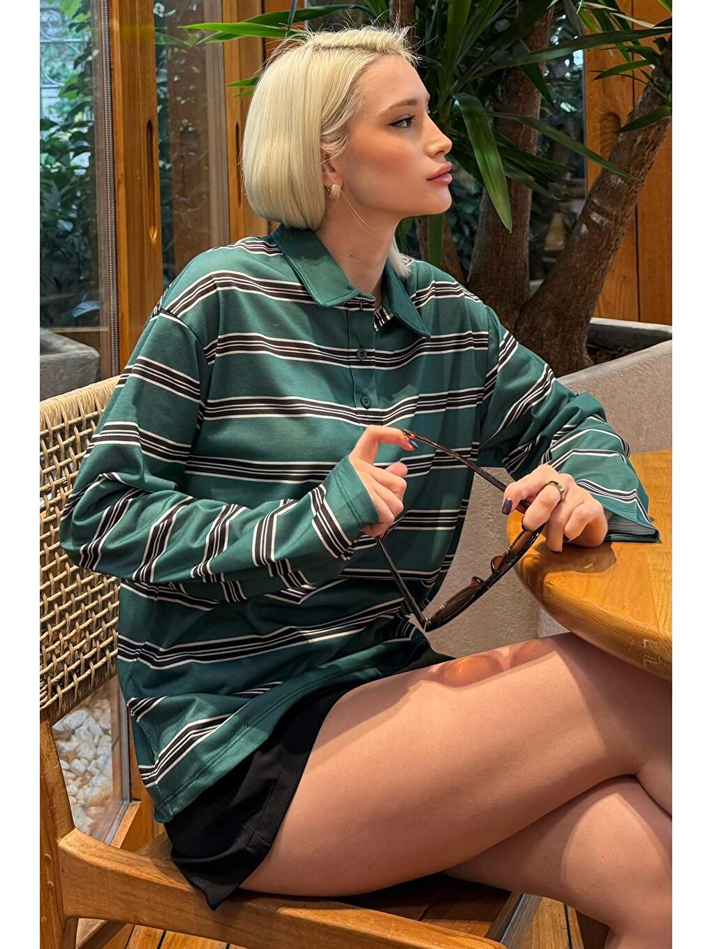 Yeşil Çizgili Düğmeli  Polo Yaka Kadın Uzun Kollu Tişört  Mg2574-5