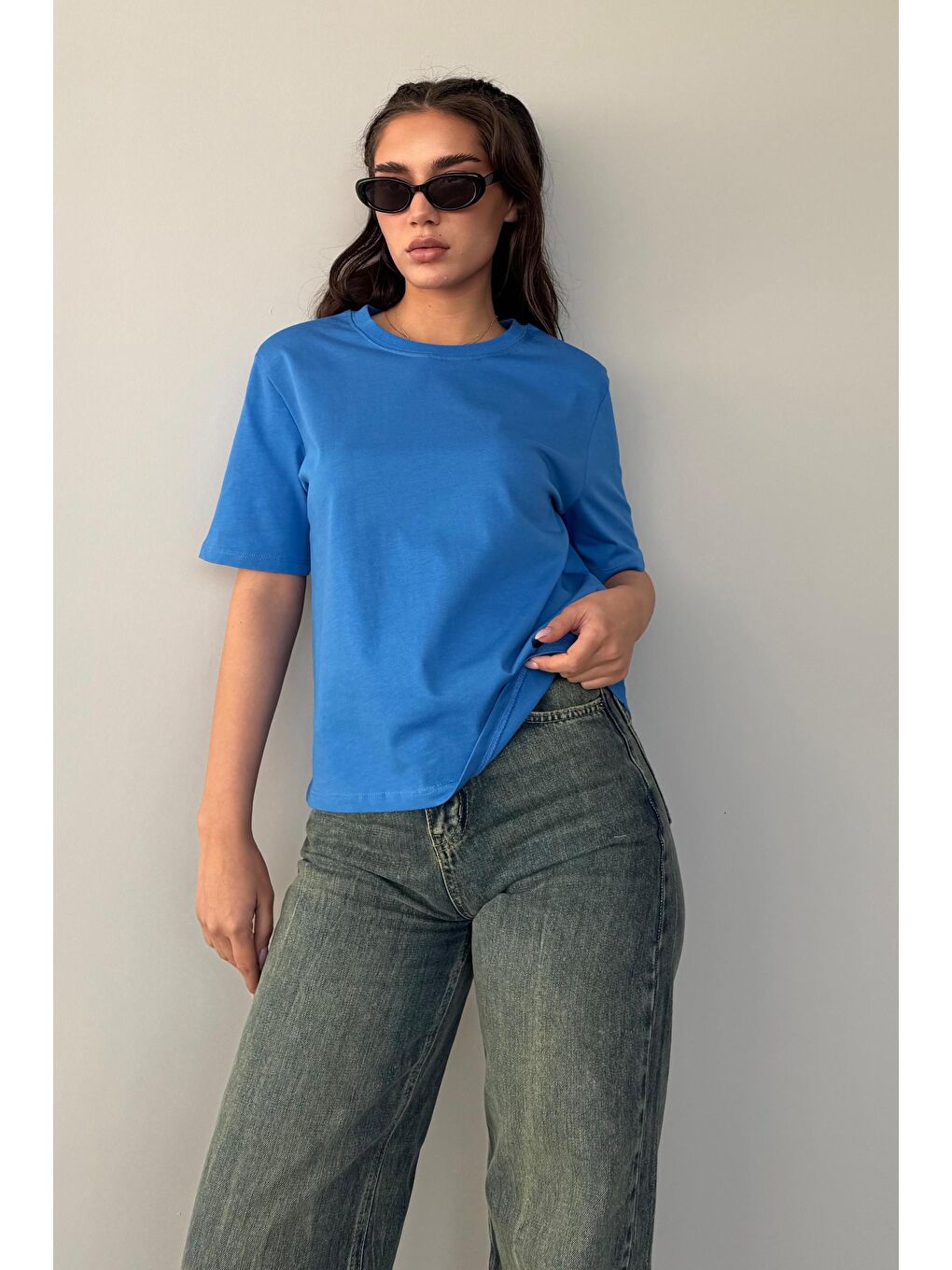 Kahverengi Saks %100 Pamuk Vatkalı Oversize Kadın T-Shirt Mg2442