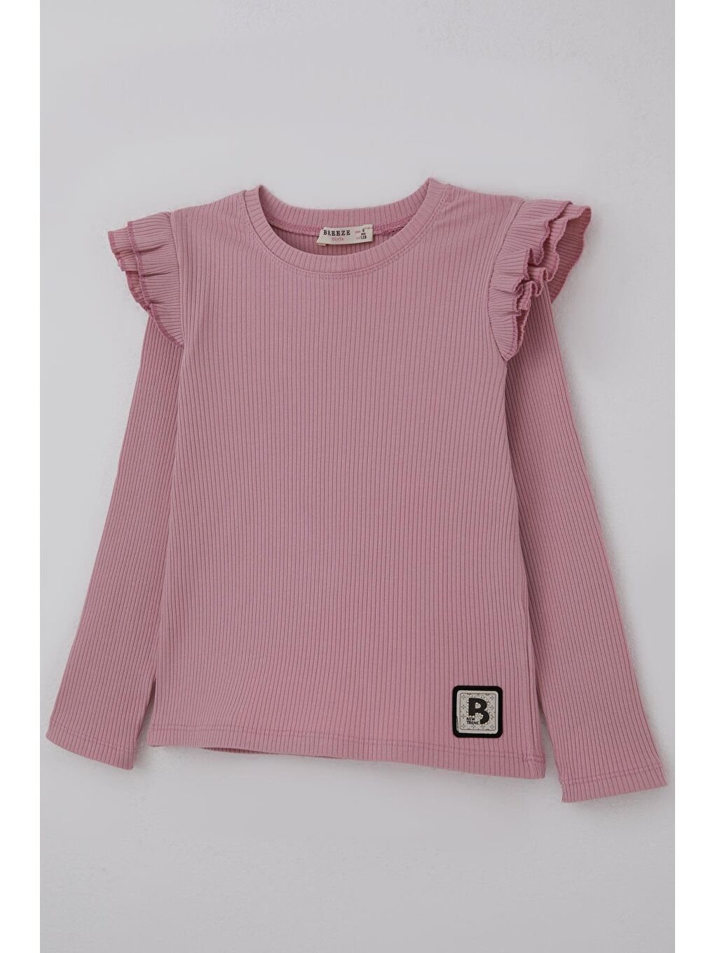 Pembe Kız Çocuk Uzun Kollu Tişört Arma Detaylı Omuzu Fırfırlı Gülkurusu (5-10 Yaş)-2