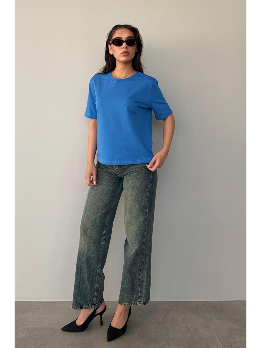 Kahverengi Saks %100 Pamuk Vatkalı Oversize Kadın T-Shirt Mg2442-3