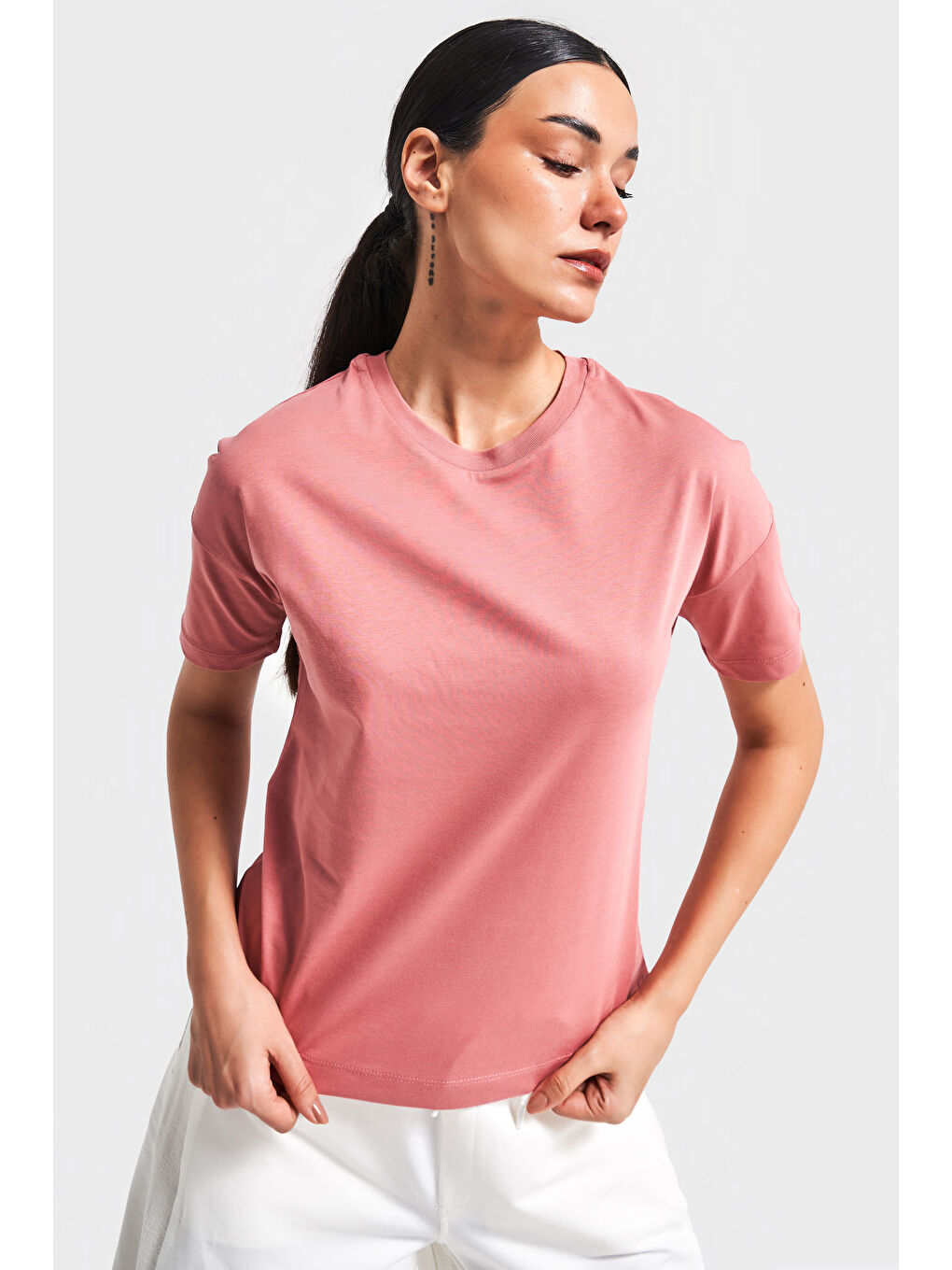 Pembe Kadın Gül Kurusu Renk S5-104 %100 Pamuk Basic Bisiklet Yaka T-Shirt